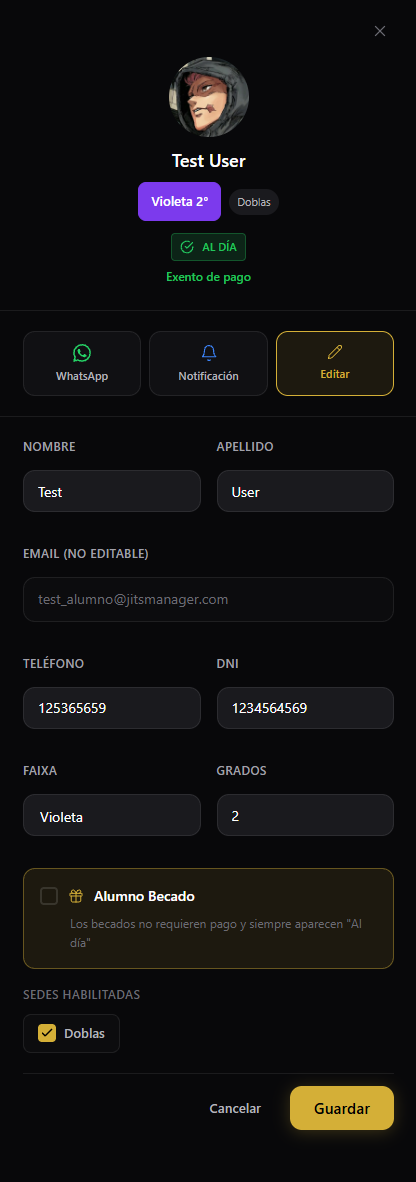 Ficha de alumno en Jits Manager